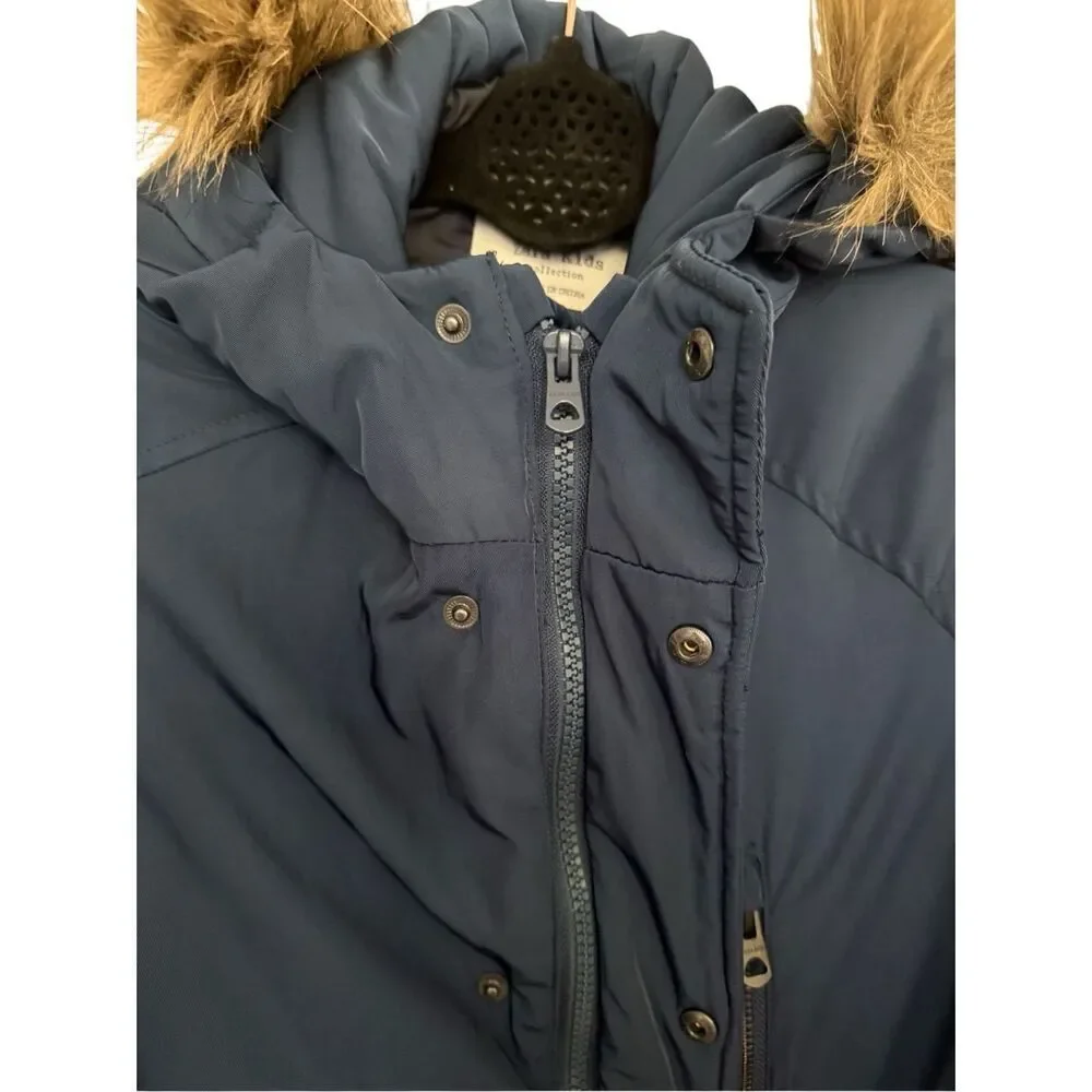 Zara Kids Navy Blue Faux Fur Trim Hooded Full Zip Down Parka Jacket Size 11/12
